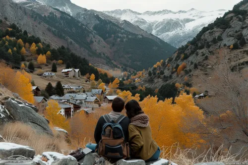 Couple profitant d’activités romantiques en plein air, main dans la main, été comme hiver, dans un cadre naturel apaisant