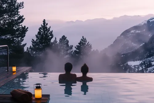 Couple profitant d’un spa thermal en Andorre, entre bassins chauds, vapeurs apaisantes et vue sur les montagnes enneigées