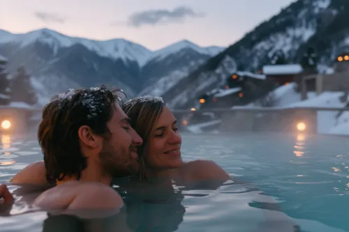 Couple profitant d’une escapade romantique en Andorre, entre montagnes, détente en spa et découvertes locales
