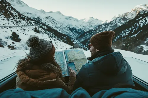 Couple profitant d’un séjour romantique en Andorre, entre montagnes, détente en spa thermal et dîner intime aux chandelles