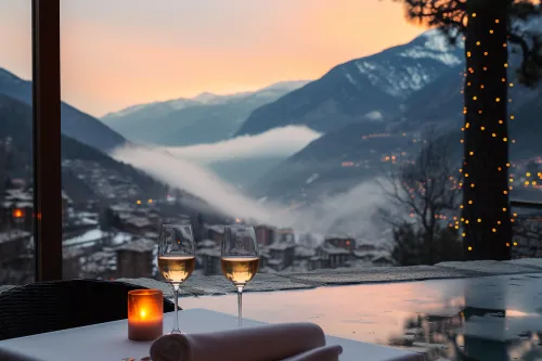 Couple se relaxant au spa avec vue sur les montagnes, dégustant des vins locaux avant un dîner gastronomique raffiné