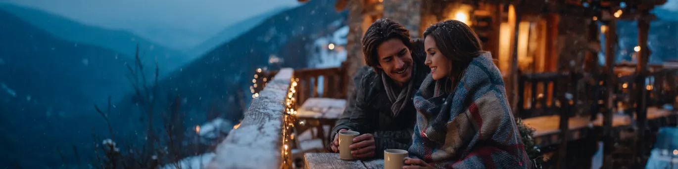 Couple profitant d’une escapade romantique en Andorre, entre montagnes enneigées, spa relaxant et ambiance chaleureuse