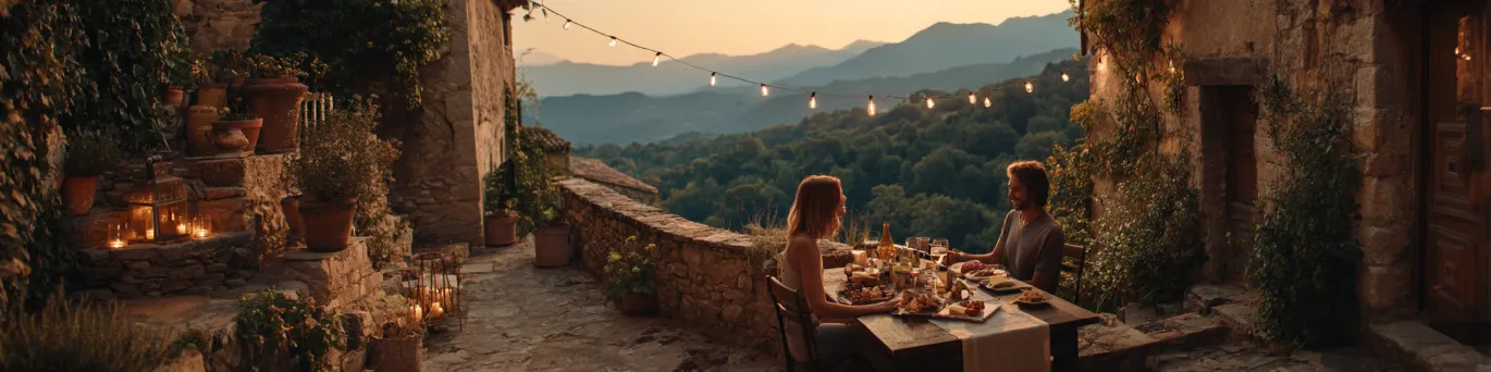 Couple attablé dans un restaurant intimiste, partageant une dégustation raffinée de spécialités locales et vins des Pyrénées