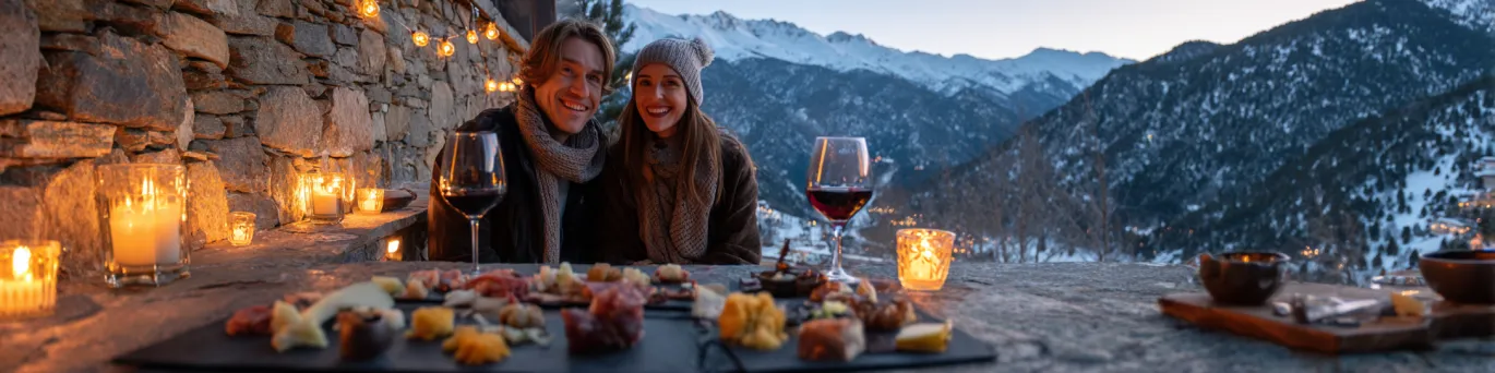 Couple savourant une escapade romantique gourmande en Andorre, dégustation de spécialités locales à deux