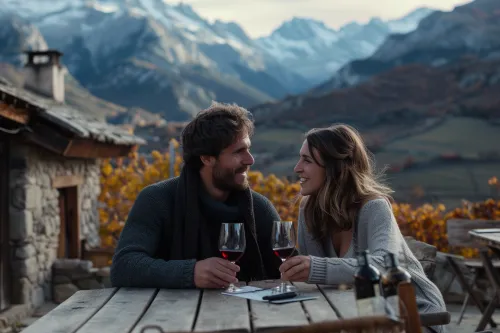 Couple savourant une dégustation de vins dans une cave voûtée, entouré de bouteilles et verres soigneusement disposés