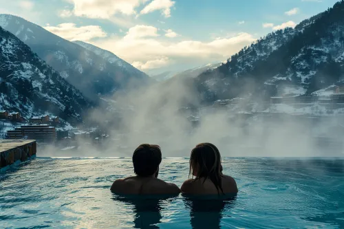 Couple d’enseignants et informaticien en week-end thermal en Andorre, profitant d’eaux chaudes naturelles et d’un cadre montagnard calme