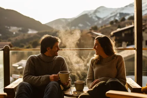 Couple profitant d’un séjour bien-être en Andorre, entre spa thermal, montagnes apaisantes et ambiance romantique