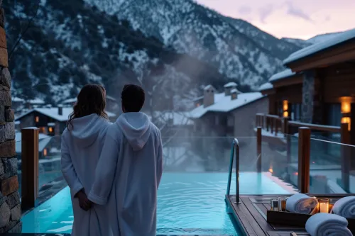Couple en peignoir profitant d’un spa panoramique en montagne, ambiance romantique en Andorre pour un week-end détente