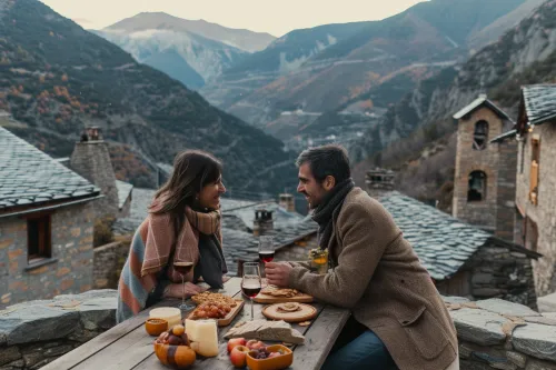Couple profitant d’un dîner gastronomique aux chandelles dans un restaurant de montagne en Andorre, ambiance romantique