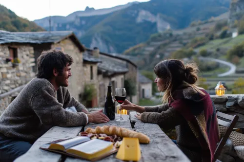 Couple en séjour romantique dans les Pyrénées, dégustant spécialités locales face aux sommets enneigés au coucher du soleil