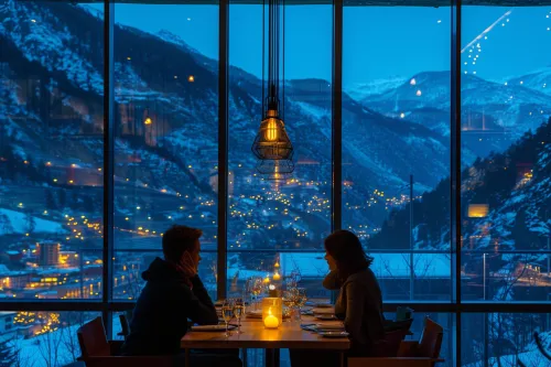 Dîner romantique dans un restaurant panoramique en Andorre, vue imprenable sur les montagnes et ambiance intimiste