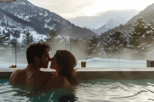 Couple profitant d’un week-end spa romantique en Andorre, entre montagnes, détente, massages et bien-être thermal